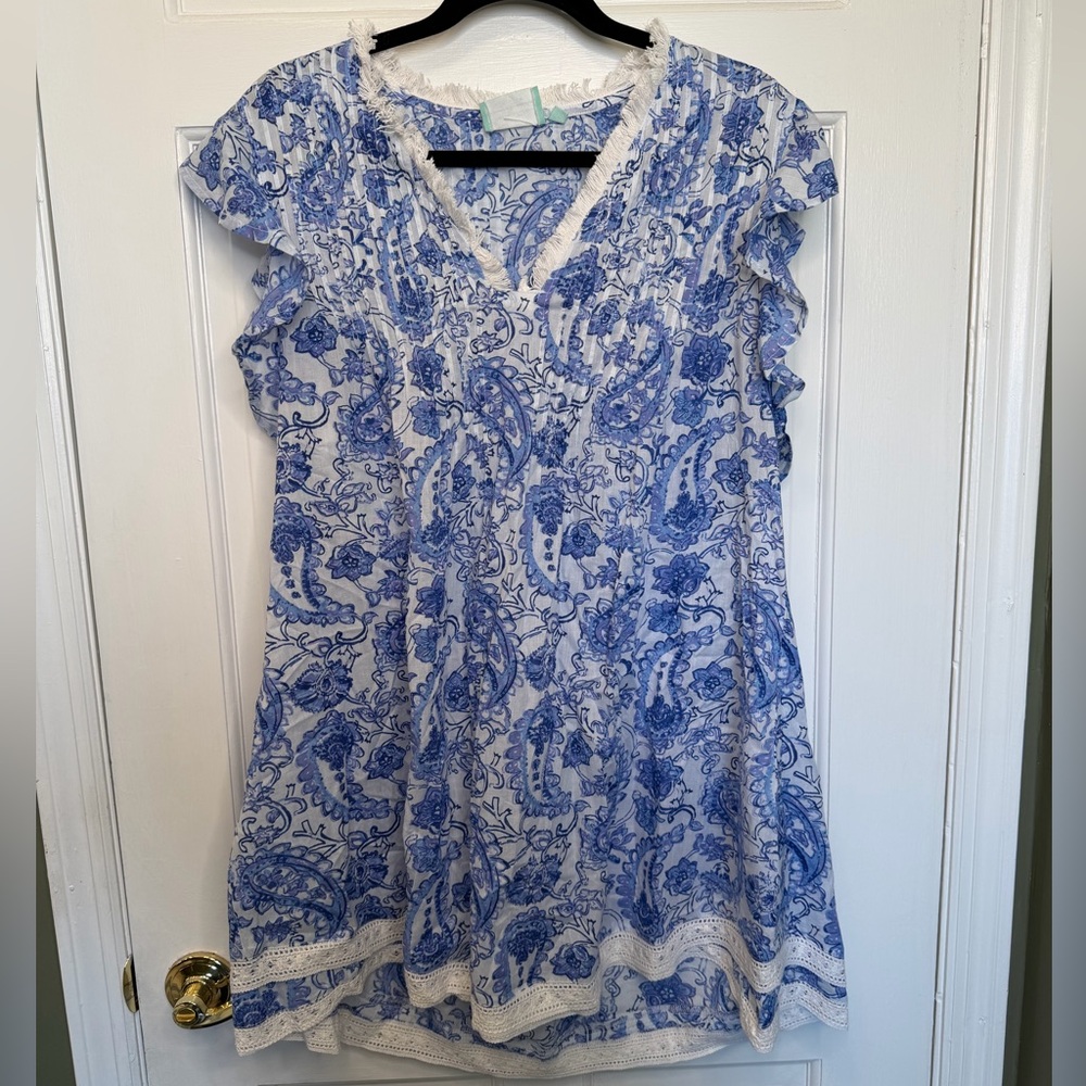 True Destinations Blue‎ White Paisley Cotton Dress Ruffle Sleeve Boho Size Small